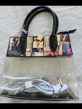 Clear Bag with Black Trim and Magazine Print Panel
